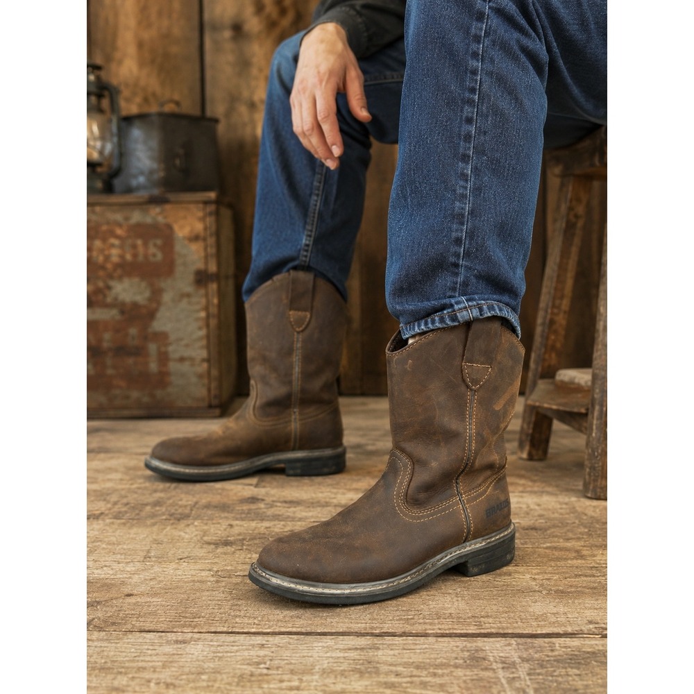 Brazos Mens Brown Leather Western Cowboy Work Boots Size 7 M Pull On Round Toe
